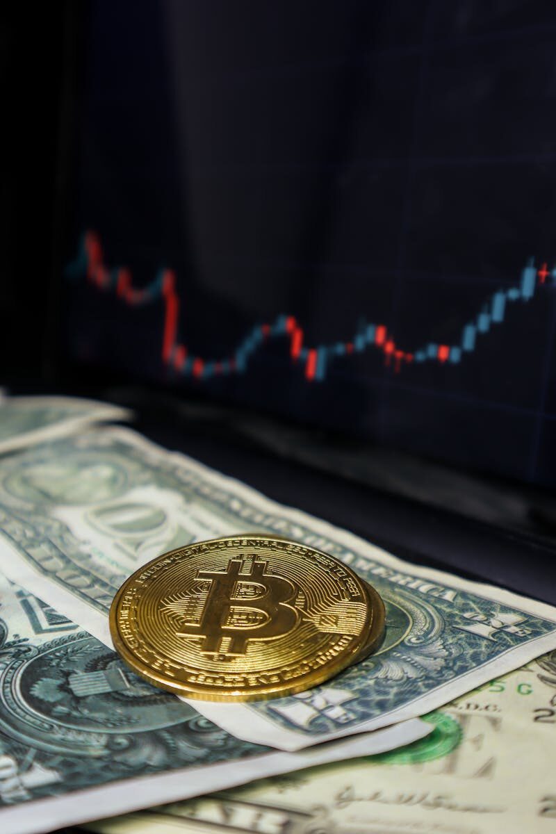 Bitcoin coin on US dollar bills with a stock market graph in the background.